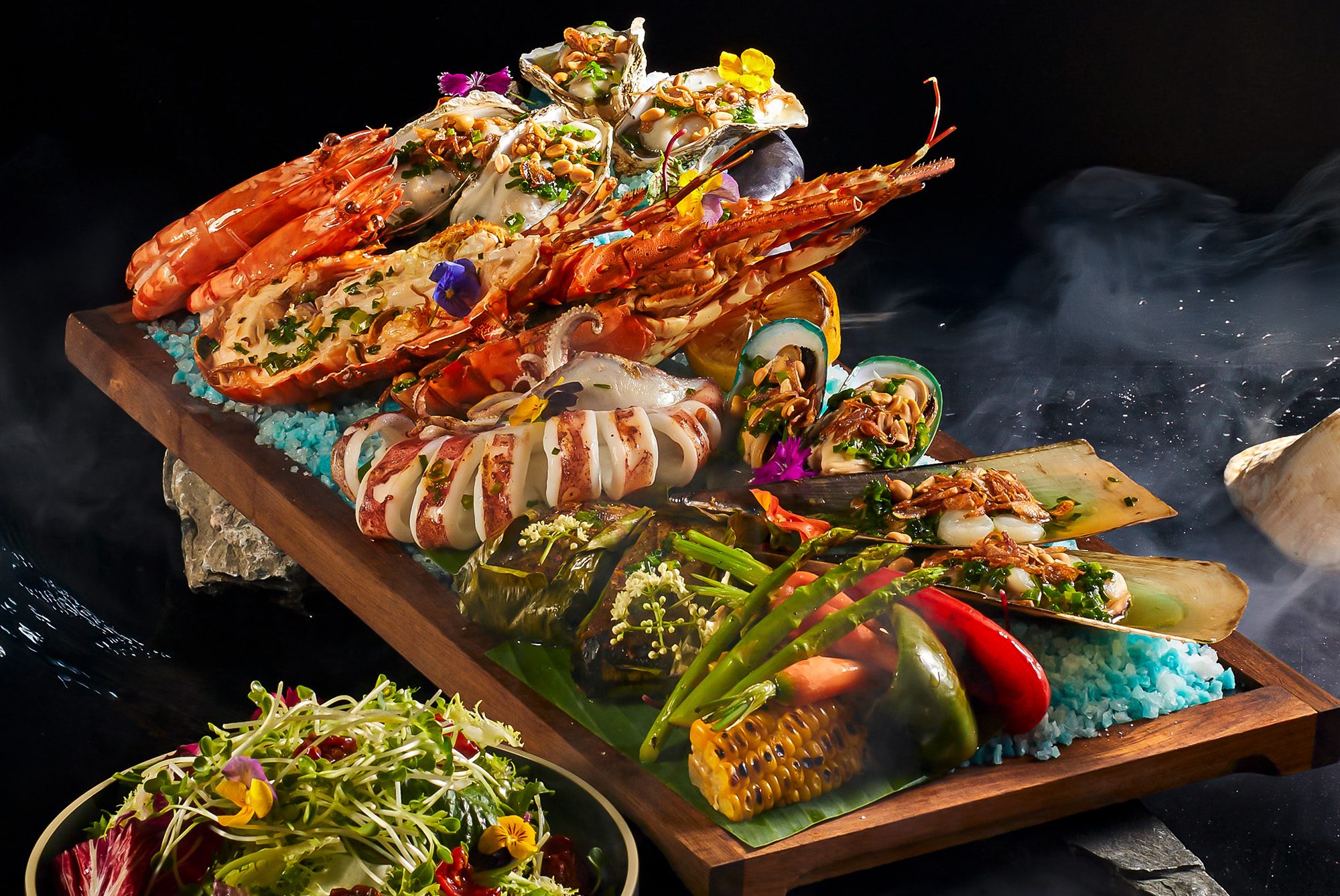 A platter of cooked seafood at Fusion Resort