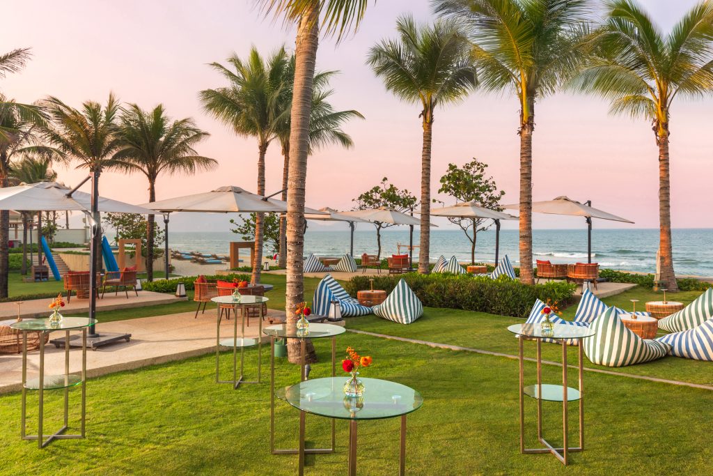 Cocktail tables outside in the evening
